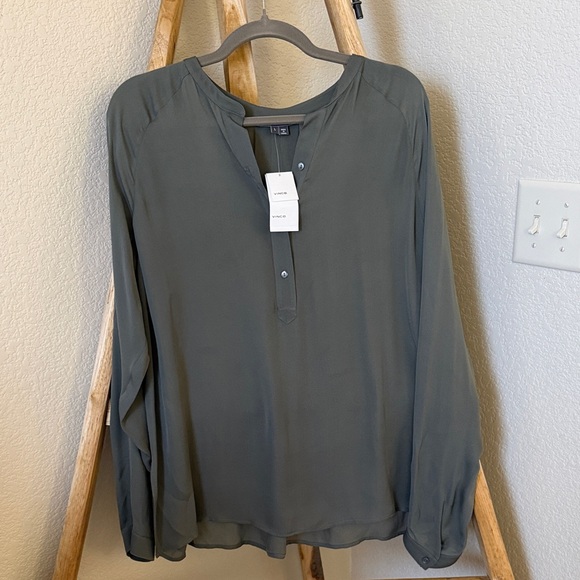 Vince Tops - NWT Vince 100% Silk Three Button Split Neck Blouse in Sage